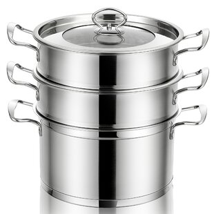 3 Tier Stainless Steel Steamer Steam Pot Cooker Cookware w/ Glass Lid 26-34cm 