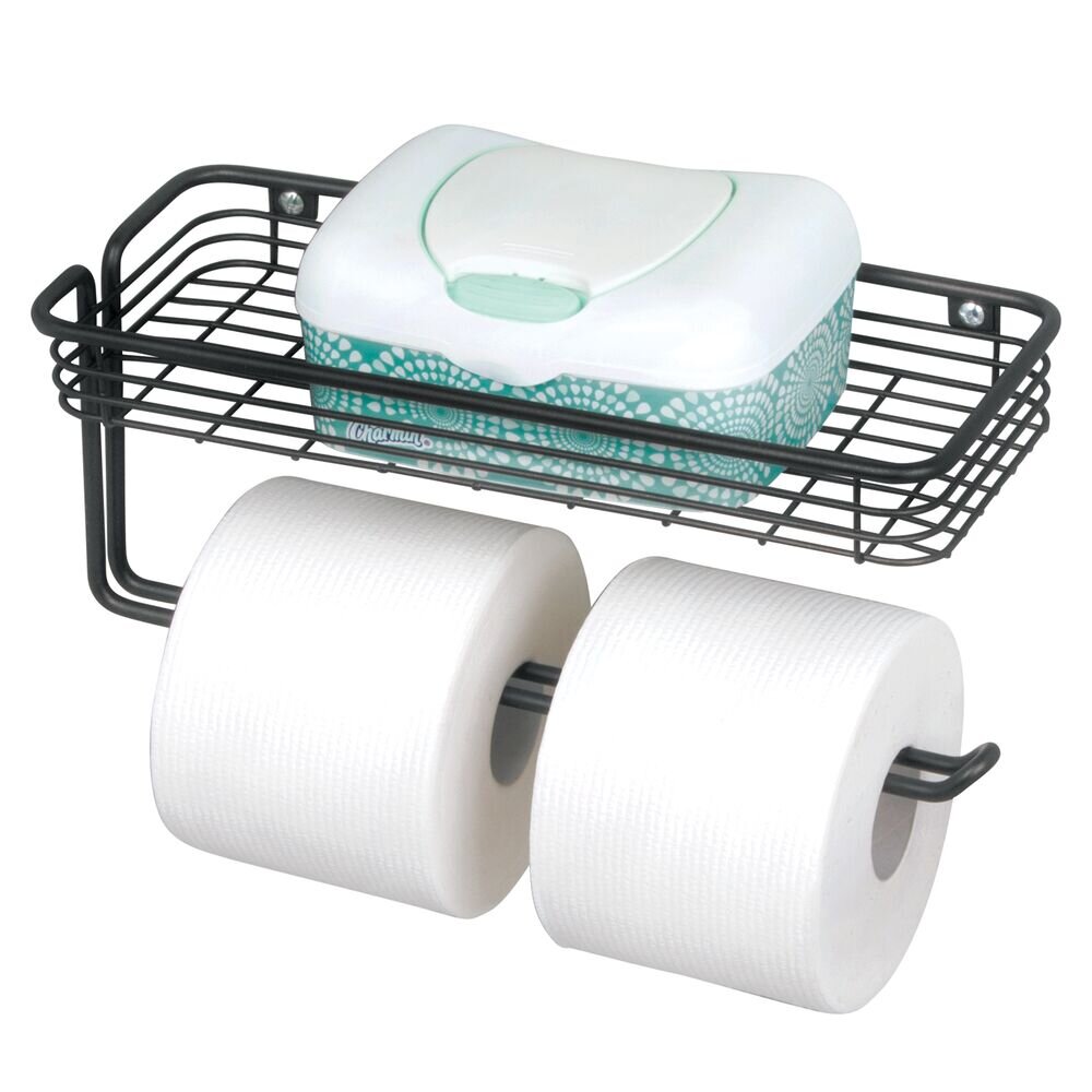 Toilet Roll Holder with a Shelf Wall Mounted Toilet Paper Holder Matte Black mDesign Toilet Paper Holder with Shelf 