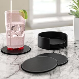Coasters for Drinks 6-Piece Leather Coasters with Holder,Bamboo Grain Round Cup Mat Pad for Home and Kitchen Use 
