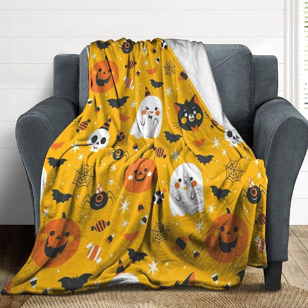 Cristmas Theme Throw Blanket Pumpkin Bat Fluffy Blankets Cozy Warm Soft Fleece Flannel Blanket for Couch Bedding Sofa Adults Kids 40×50 