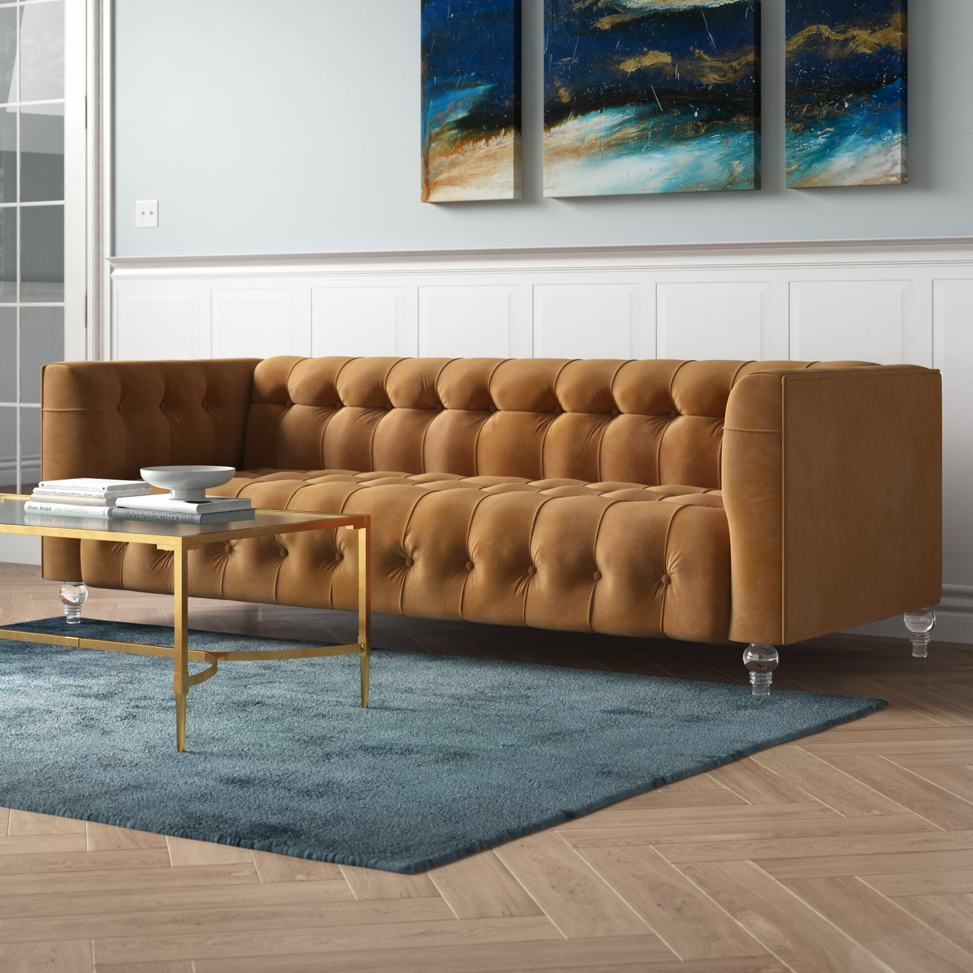 Doyon 90.55” Velvet Tuxedo Arm Sofa