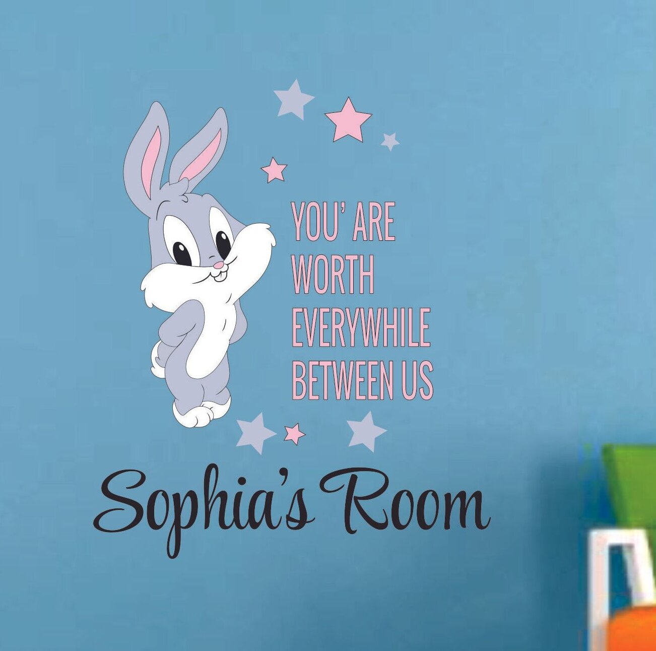 Zoomie Kids Baby Bugs Bunny Worth Quote Cartoon Customized Wall Decal Custom Personalized Name Baby Girls Boys Kids Wall Room Decor Wall Stickers x18 Inch Wayfair