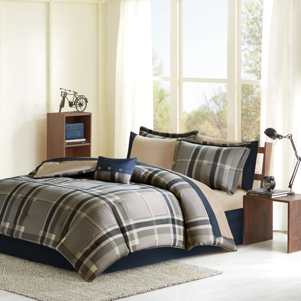 BEAUTIFUL COZY REVERSIBLE BLUE BROWN NAVY CABIN TAUPE STRIPE COTTON QUILT SET 
