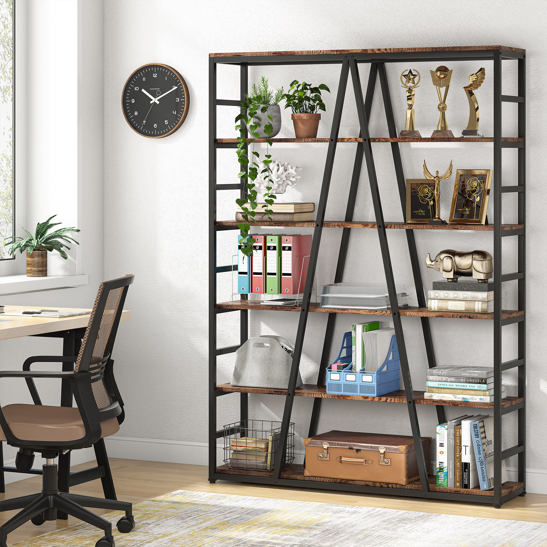 Etagere Bookcase with Cabinet Larger Industrial Style Book Shelf for Bedroom Triple Wide 5 Tier Bookshelf 65L×13W×69.7H Inches Living Room and Office Walnut Brown