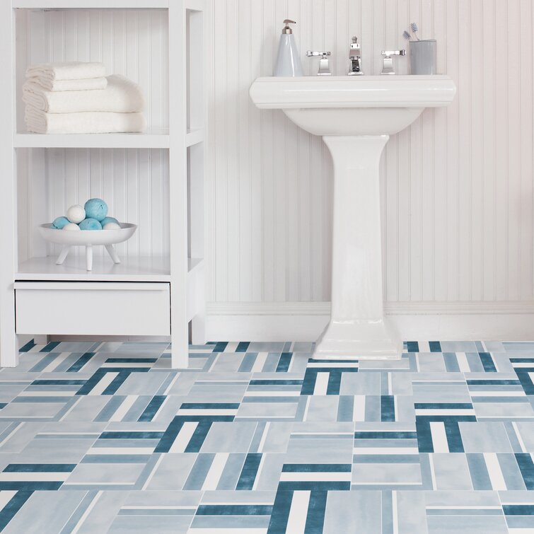 Cement Tile Effect Sheet Vinyl Flooring Bathroom & Kitchen Lino Roll Azure Blue