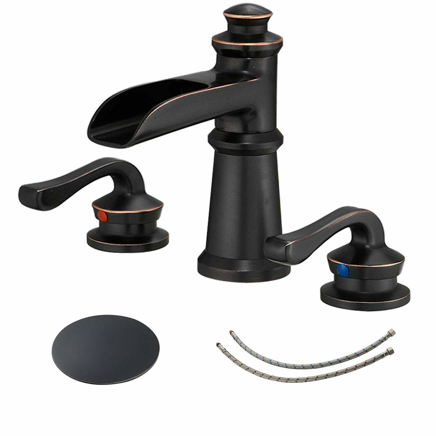 Bathadore Waterfall Widespread Bathroom Faucet 3 Hole Oil Rubbed Bronze Farmhouse 8 Inch Pop Up Drain Stopper Assembly Overflow Supply Line Lead Free Faucets Parts Two Handle Bath Vanity Lavatory Sink Wayfair