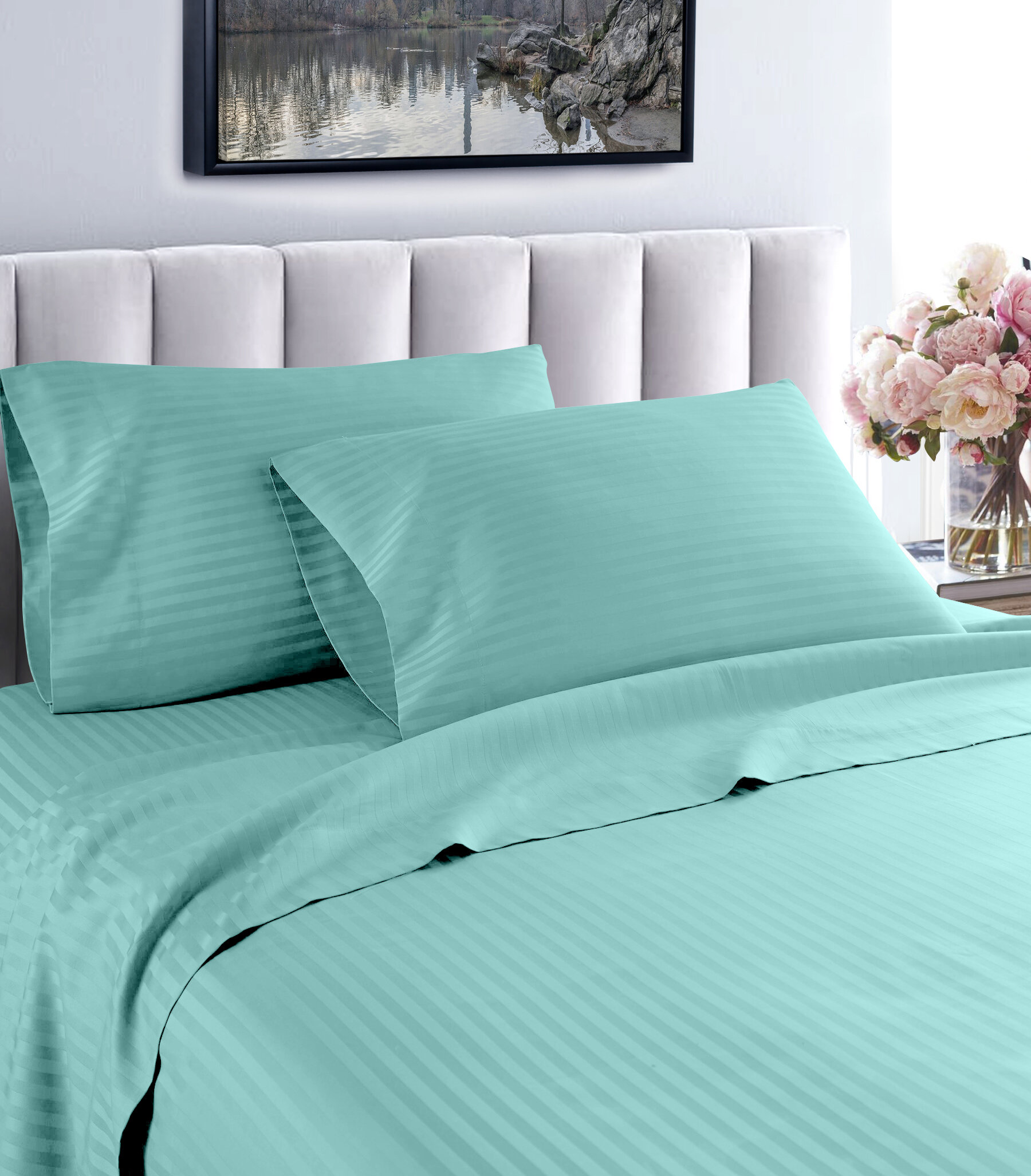 Super Soft Bedding Collection 1000TC  Egyptian Cotton US Sizes Aqua Blue Striped 
