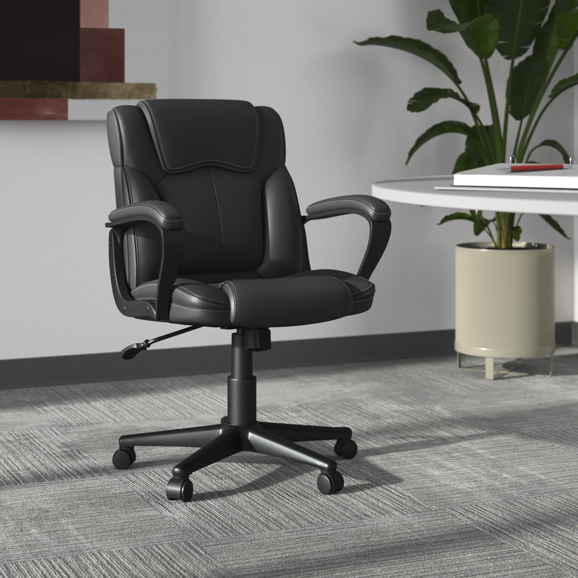 Office Essentials Mid Back Office Chair with Padded Arms Leather Black 56 x 61 x 83 cm
