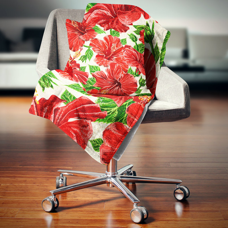 Polar Fleece Travel Blanket Hibiscus Floral Black