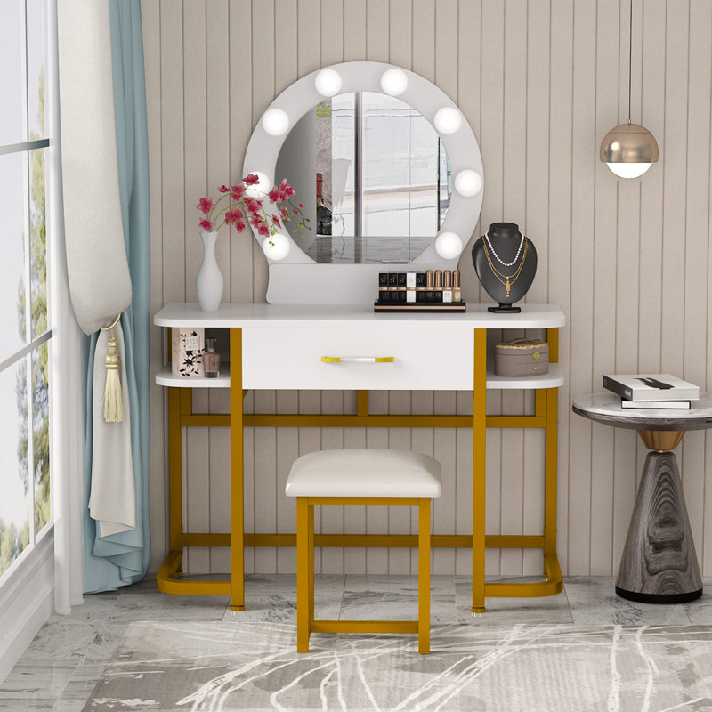 white vanity table with lighted mirror