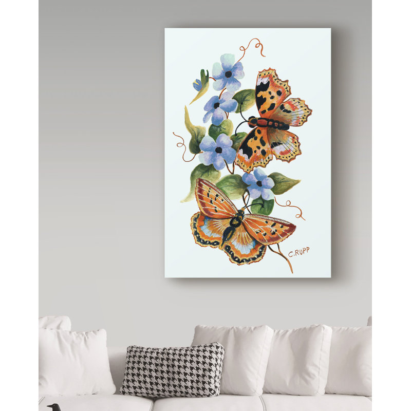Charlton Home Butterfly On Blue Acrylic Painting Print On