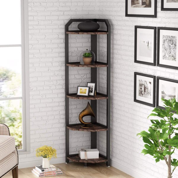 17 Stories 5 Tier Corner Bookshelf And Bookcase Rustic Corner Storage Shelf Unit Indoor Plant Stand For Living Room Home Office Kitchen Small Space Brown Wayfair