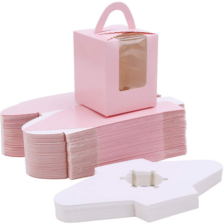 50pcs Single Mini Cupcake Boxes With Handle and PVC Window Individual Containers Carriers Pink,50