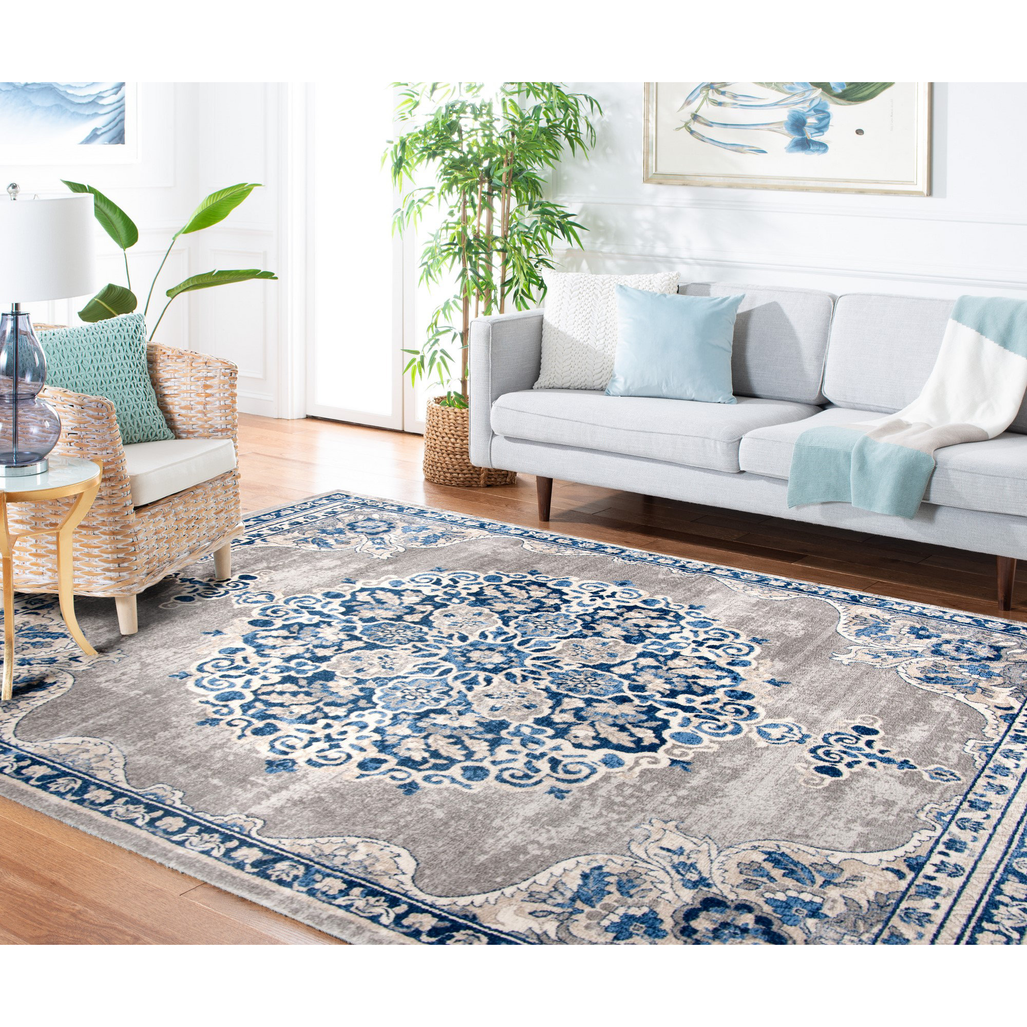 grey and light blue rug