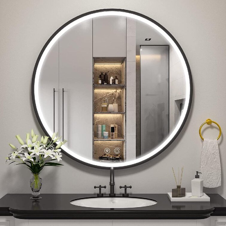 Anti-fog Bathroom Wall Mirror with LED Lights GETZ Round Mirror for Bathroom Gold/Black Light Up Backlit Touch Make-up Vanity Mirror with Touch Sensor Switch