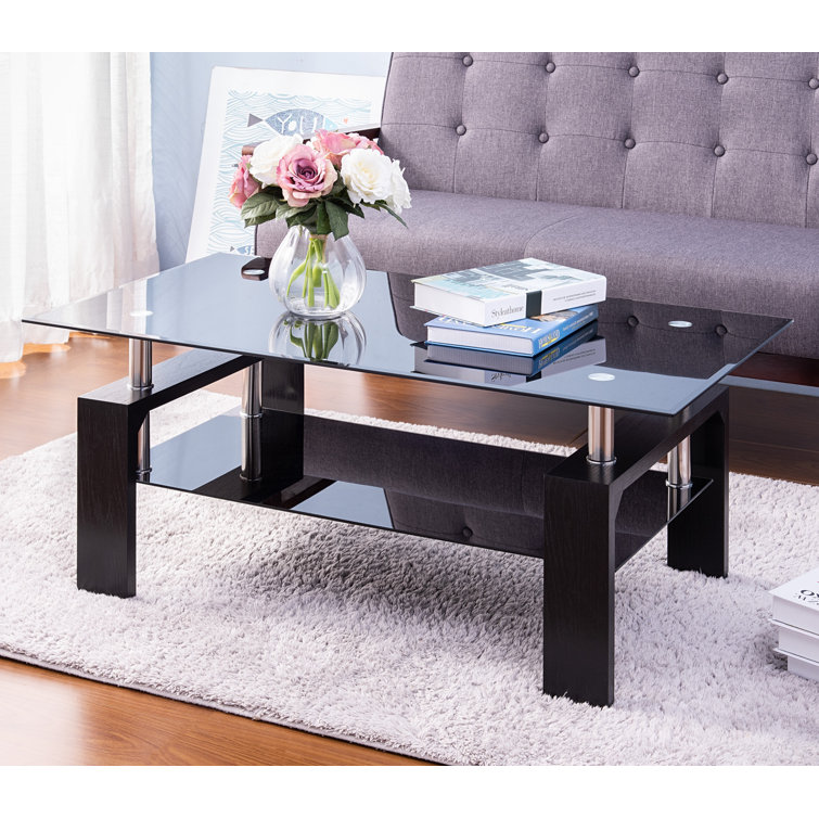Ivy Bronx Black Highlight Glass Top Cocktail Coffee Table With Wooden Legs Wayfair