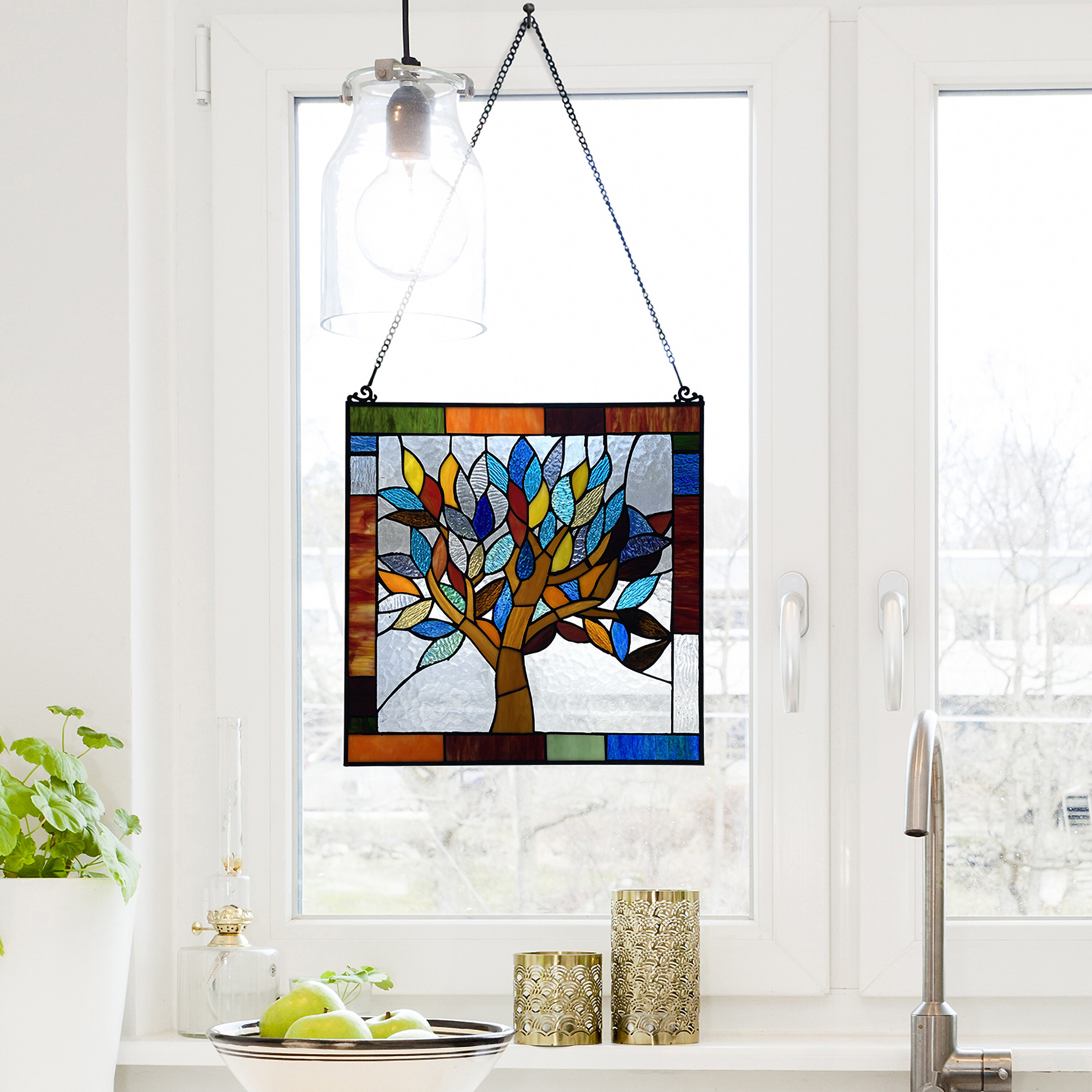 Stained Glass Mosaic with Live Edge Oak Frame OOAK