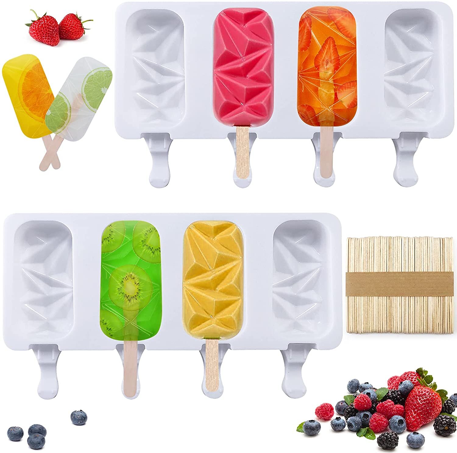 Homemade Popsicle Silicone Mold with 50 Wood Sticks Ice Cream Bar Ice Pop Molds 