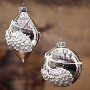 2 Piece Frost Pinecone Ball/Finial Glass Ornament Set