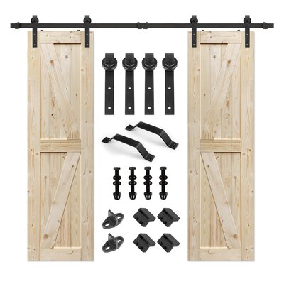 Paneled Wood Unfinished Double Barn Door with Installation Hardware Kit 84" Height