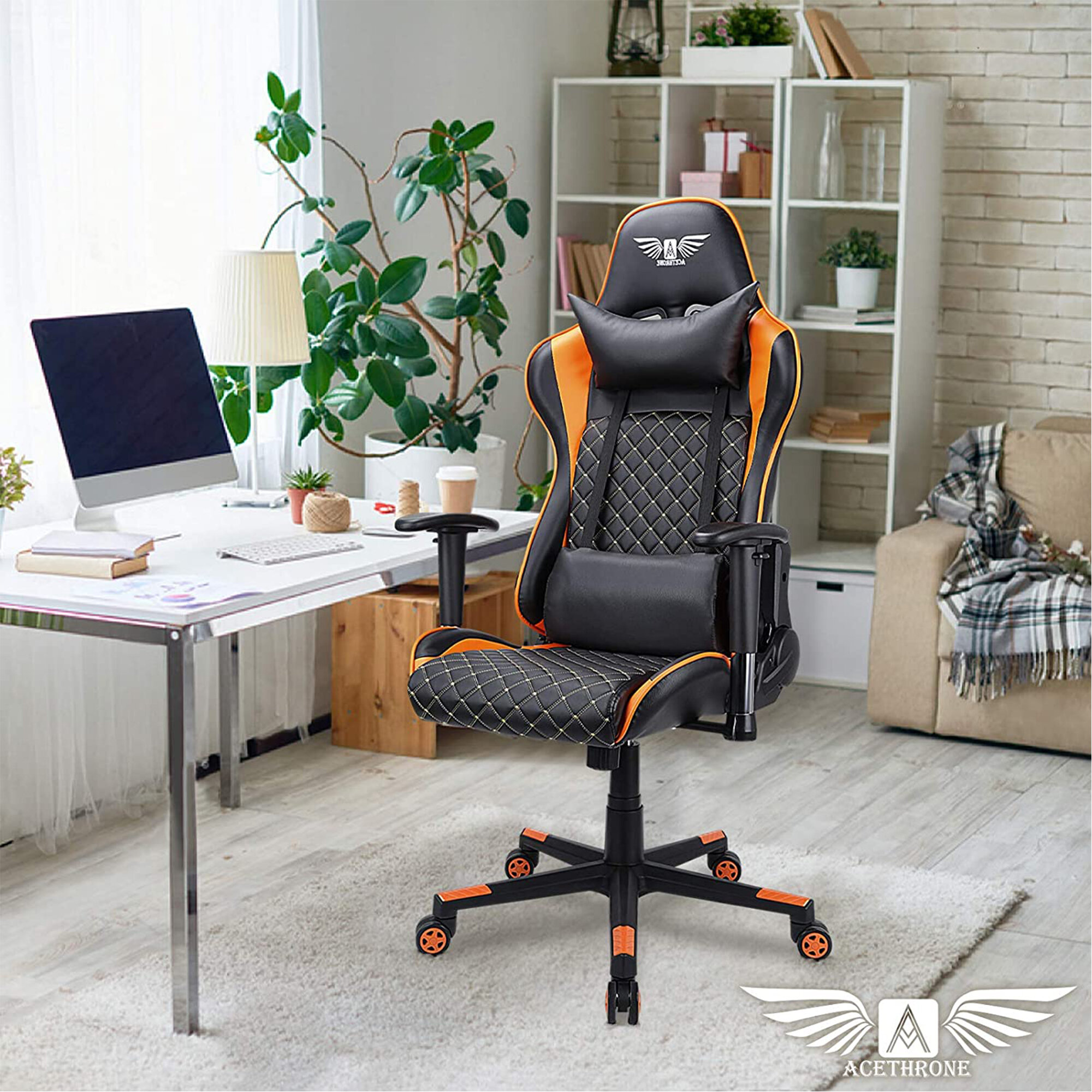 High-Back Gaming Office Chair with Lumbar Support and Headrest. Leather Racing Style Executive Swivel