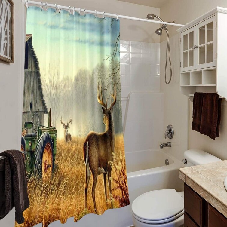 Animal Deer River Forest Sunset Fabric Shower Curtain Toilet Cover Rugs Mat Set 