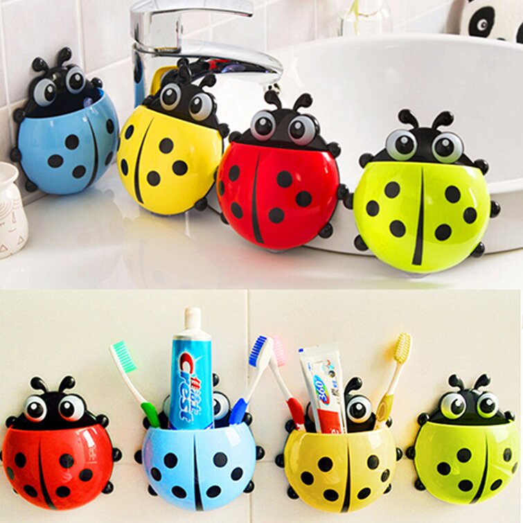 Creative Cute Cartoon Kids Wall Suction Cup Mount Toothbrush Toothpaste Holder Pencil Pen Container Box Travel Organizer Plastic Pocket Storage Organizer 
