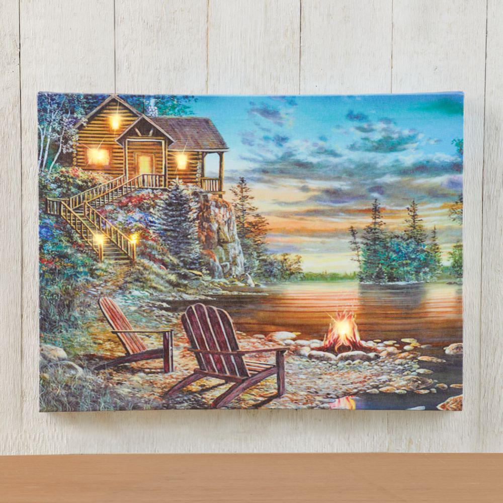 LED Nature Canvas Wall Art - Lighted Cabin on the Lake LED Canvas Wall Décor