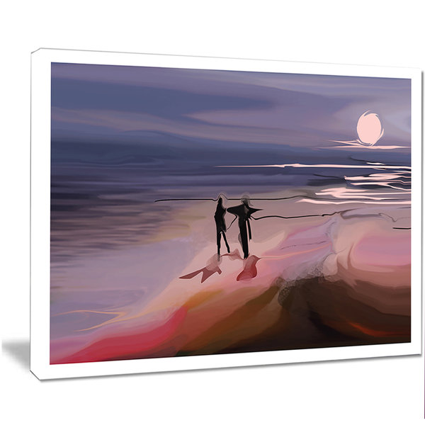 Designart Couple Walking Near Ocean At Night Painting Print On