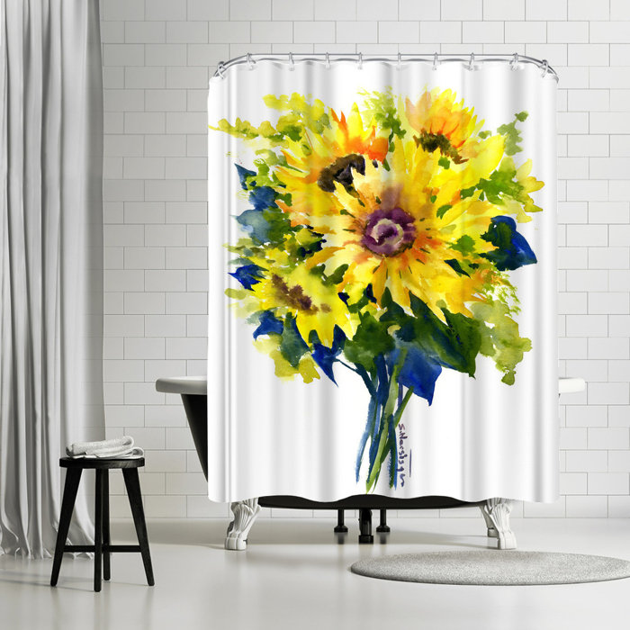 Sunflowers Canvas Bathroom Waterproof Fabric Shower Curtain Liner Bath Mat Set