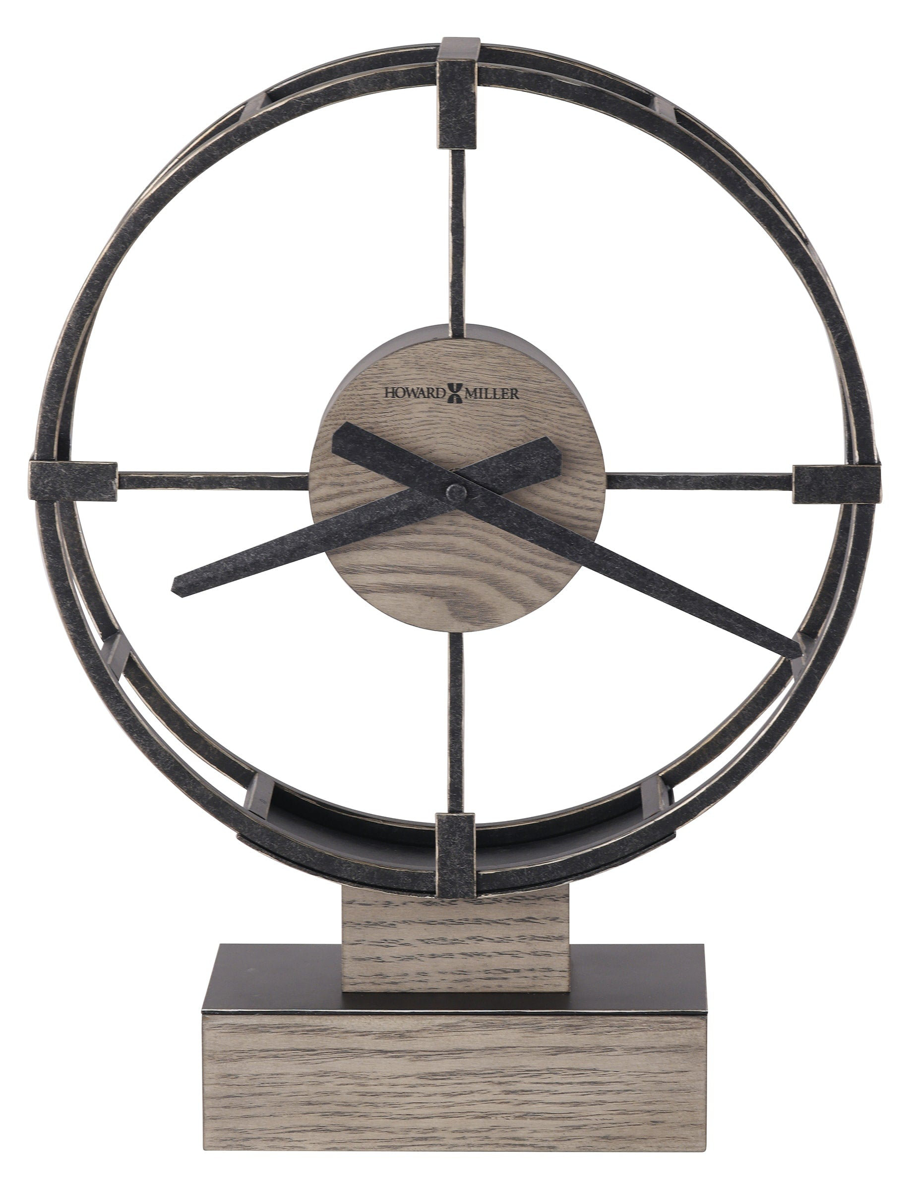Howard Miller Payette Accent Clock II - Antique Brass Round Clock With Espresso Base, Battery Operated