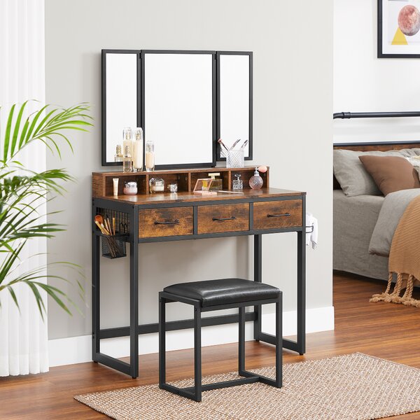 Vanity Set w/Mirror Drawers & Removable Box Makeup Dressing Table Home Brown 