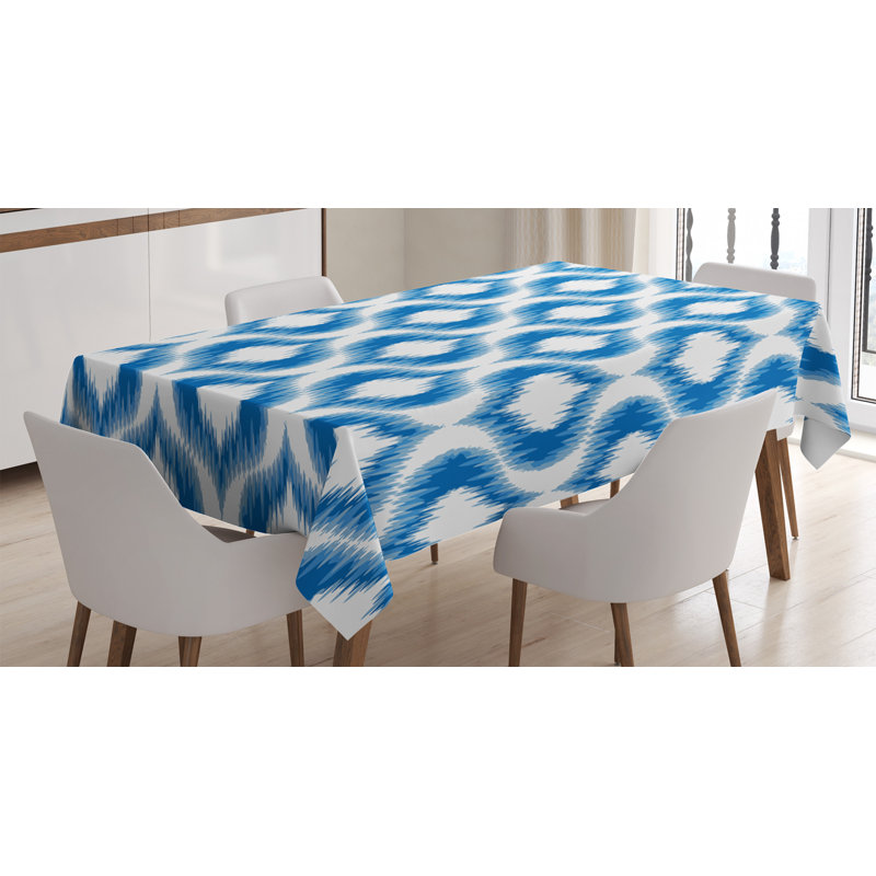 East Urban Home Ambesonne Ikat Tablecloth Ikat Damask Linked Motifs Pattern Blurry Over Finer Tied Warp And Weft Yarns Design Rectangular Table Cover For Dining Room Kitchen Decor 52 X 70 Blue