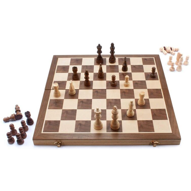 Wooden Chess Game Set Large 15" Wood Board Folding Storage Box Hand Carved Piece 