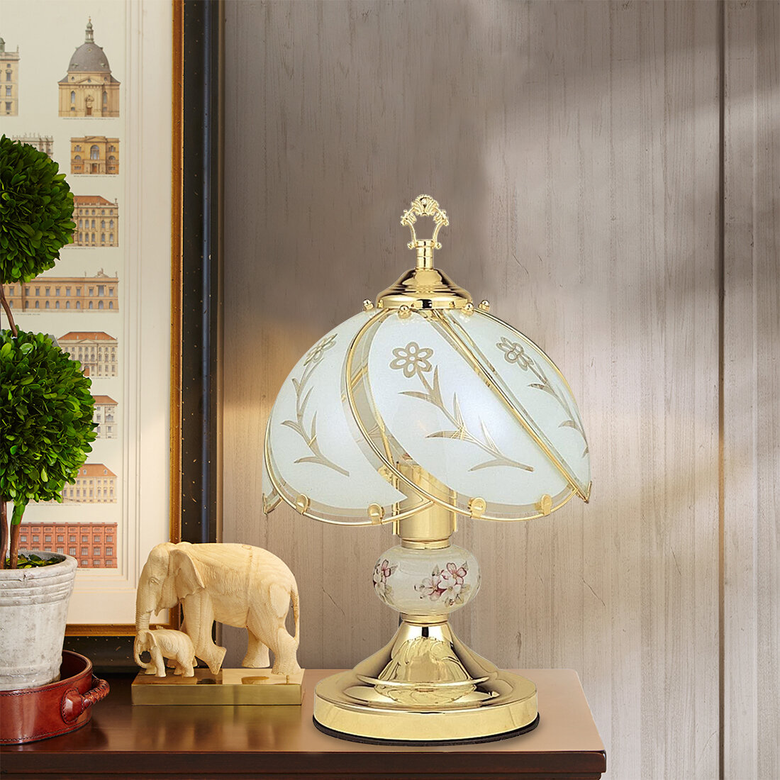 Brushed Gold Ore International K313 White Glass Floral Touch Lamp