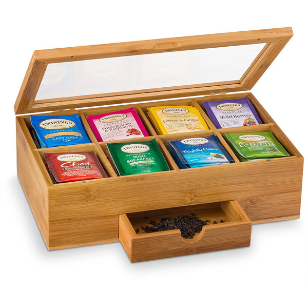 Natural Chest Tea Box 8 Storage Sections Expandable Drawer With Clear Hinged Lid