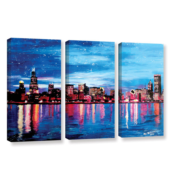 Ebern Designs Chicago Skyline At Dusk 3 Piece Painting Print On