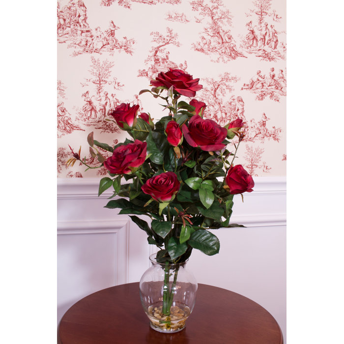Rose Bush Silk Flower Arrangement In Red With Vase Rose Bush Silk Flower Arrangement In Red With Vase
