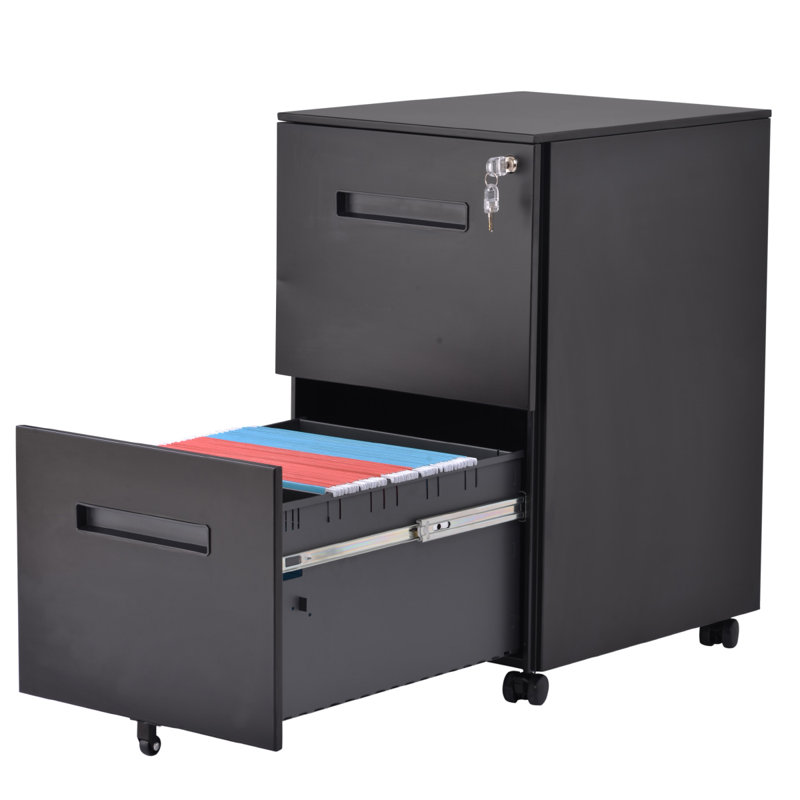 Inbox Zero Mobile File Cabinet 2 Drawer Locking Rolling File Cabinet With 5 Wheels Office Lock Design Metal Full Extension Letter Legal Size Anti Tilt Mechanism Smooth And Durable For Office Home Black