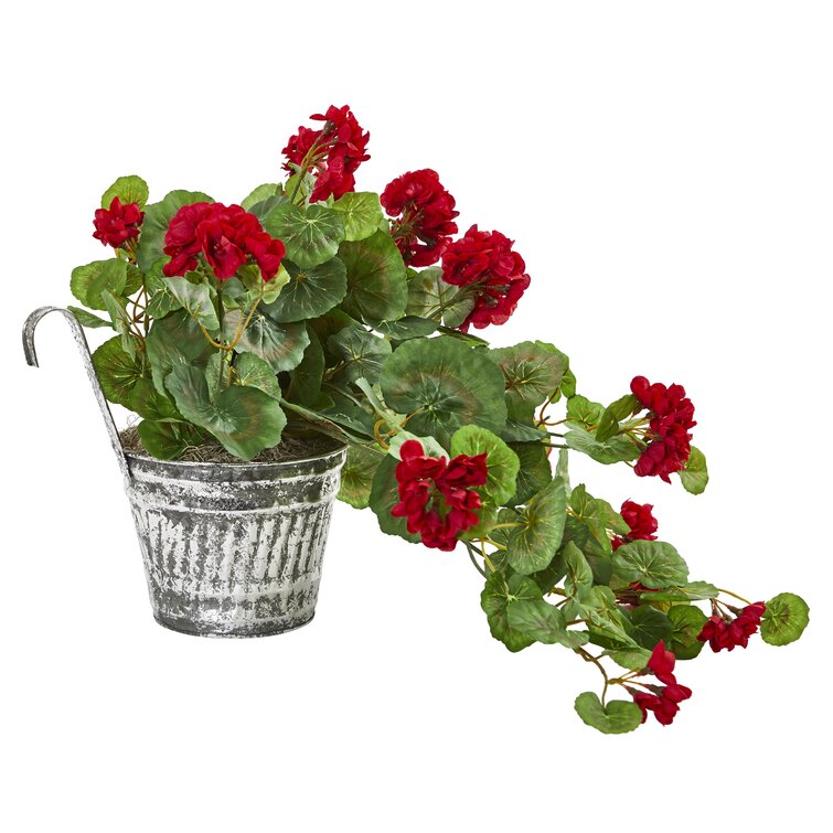 Gracie Oaks Artificial Geranium Hanging Basket in Planter | Wayfair