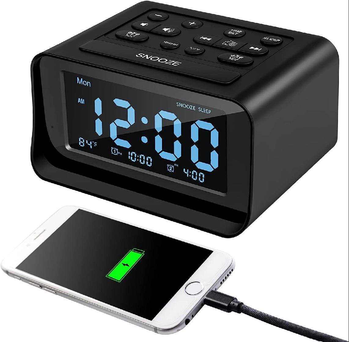 Two USB Charger Bedrooms Digital Alarm Clock for Heavy Sleepers with Radio FM, 