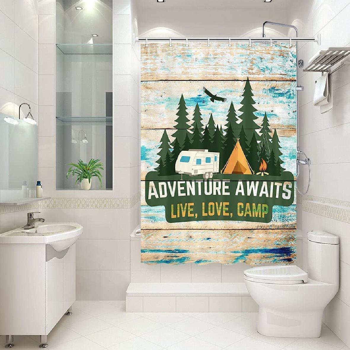 East Urban Home Camper Trailer RV Shower Curtain, Camping Forest Live
