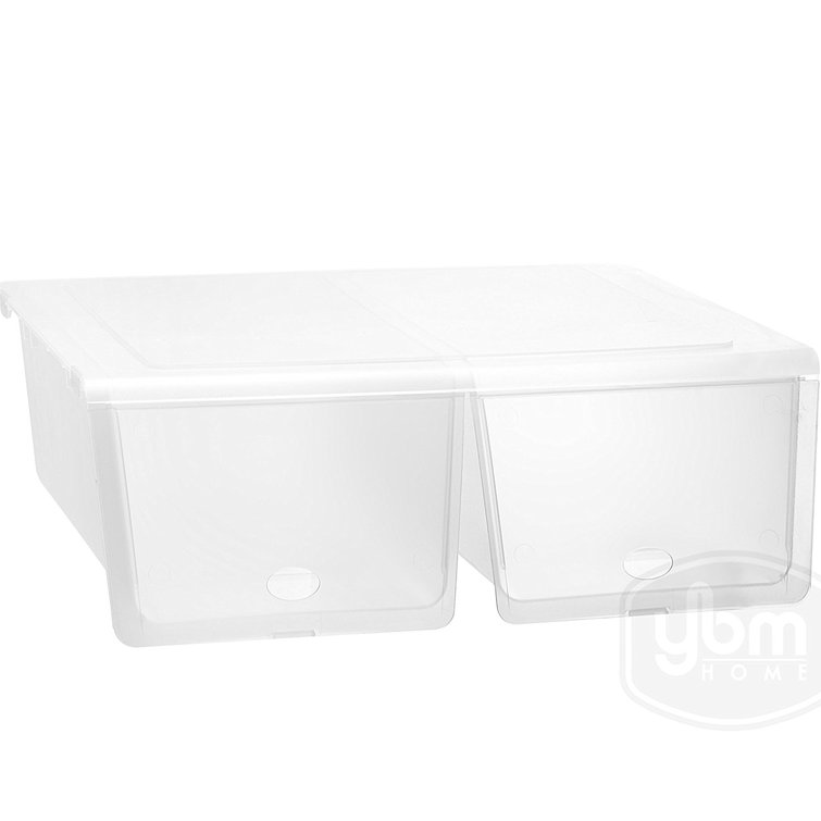 Plastic shoe box with hinged lid clearance
