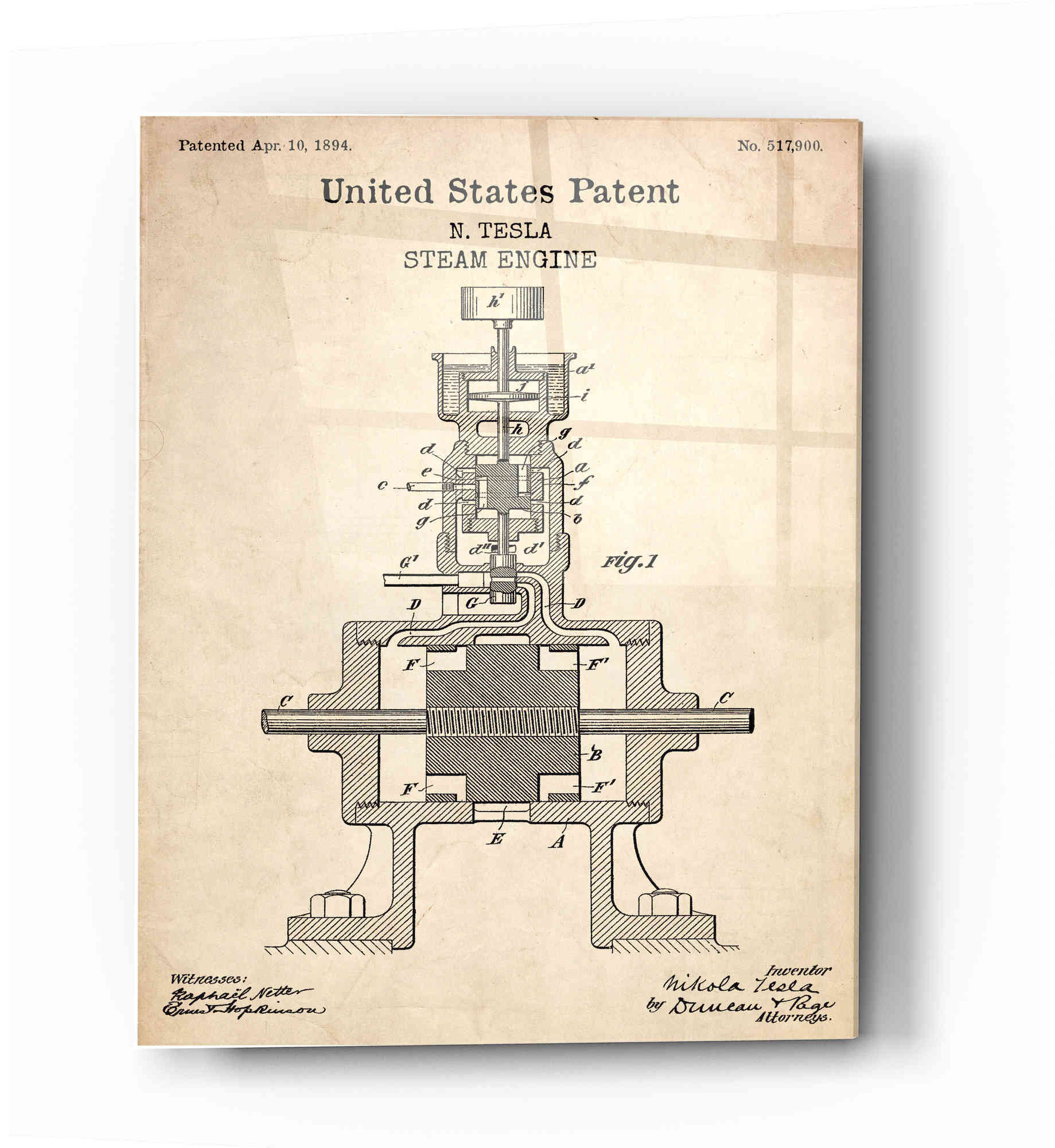 Williston Forge Tesla Steam Engine Patent Parchment - Unframed Drawing ...