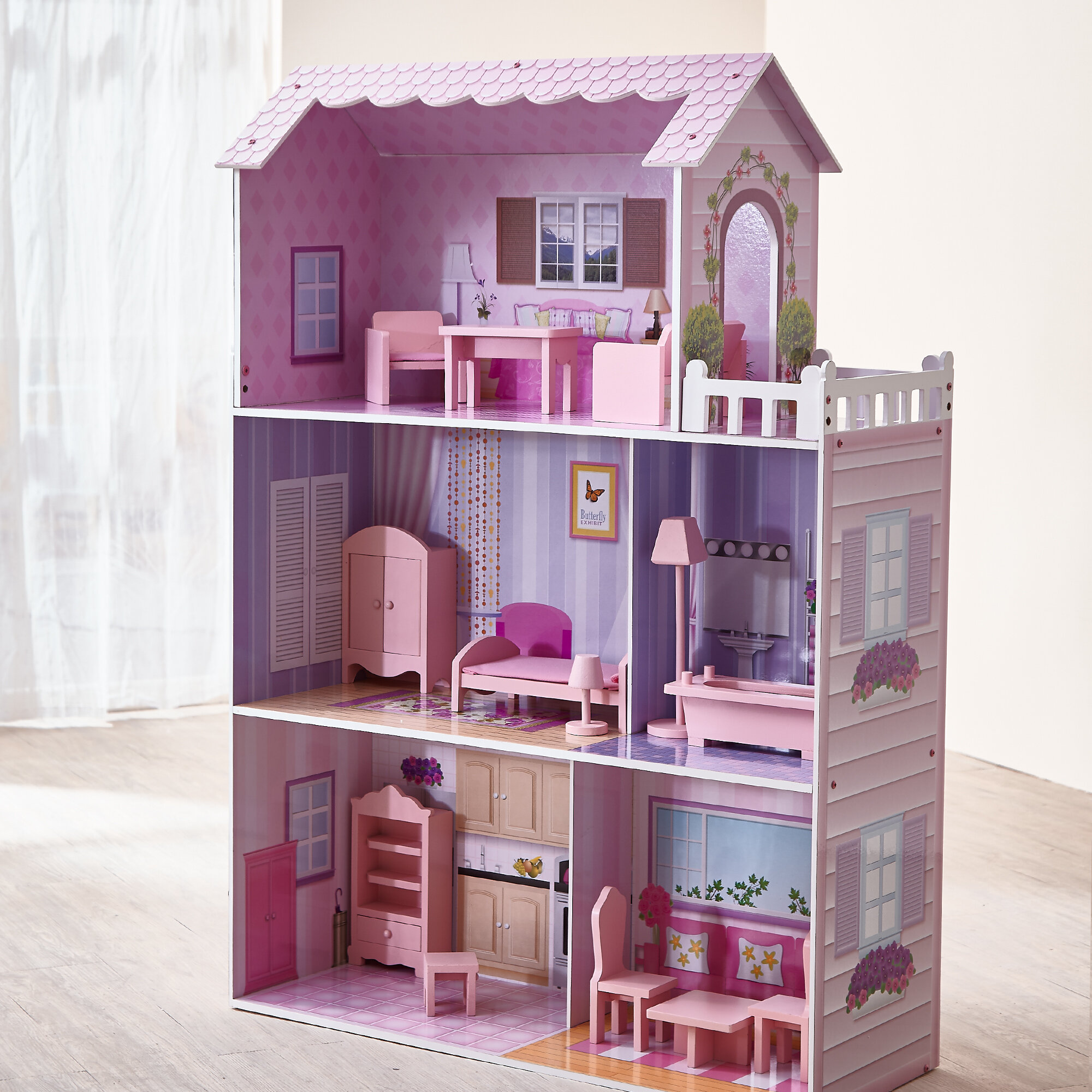 90cm H New Kids Wooden Fantasy Doll House Three Floor Mansion With Furniture 