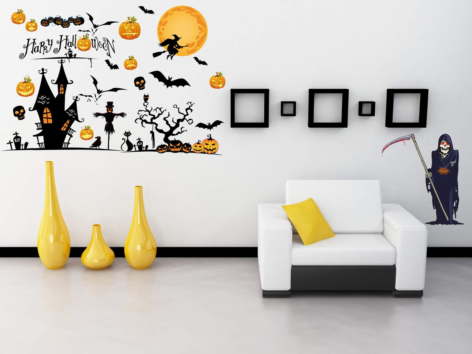 Beautiful Young Witch and Bats Wall Decals Window Stickers Halloween Vinyl Decor 