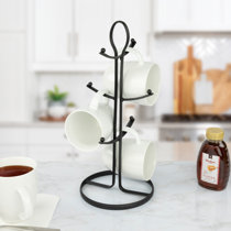 6 Cup Red Wooden Mug Tree Vintage Stand Pole Roll Holder Kitchen Glass Rack 