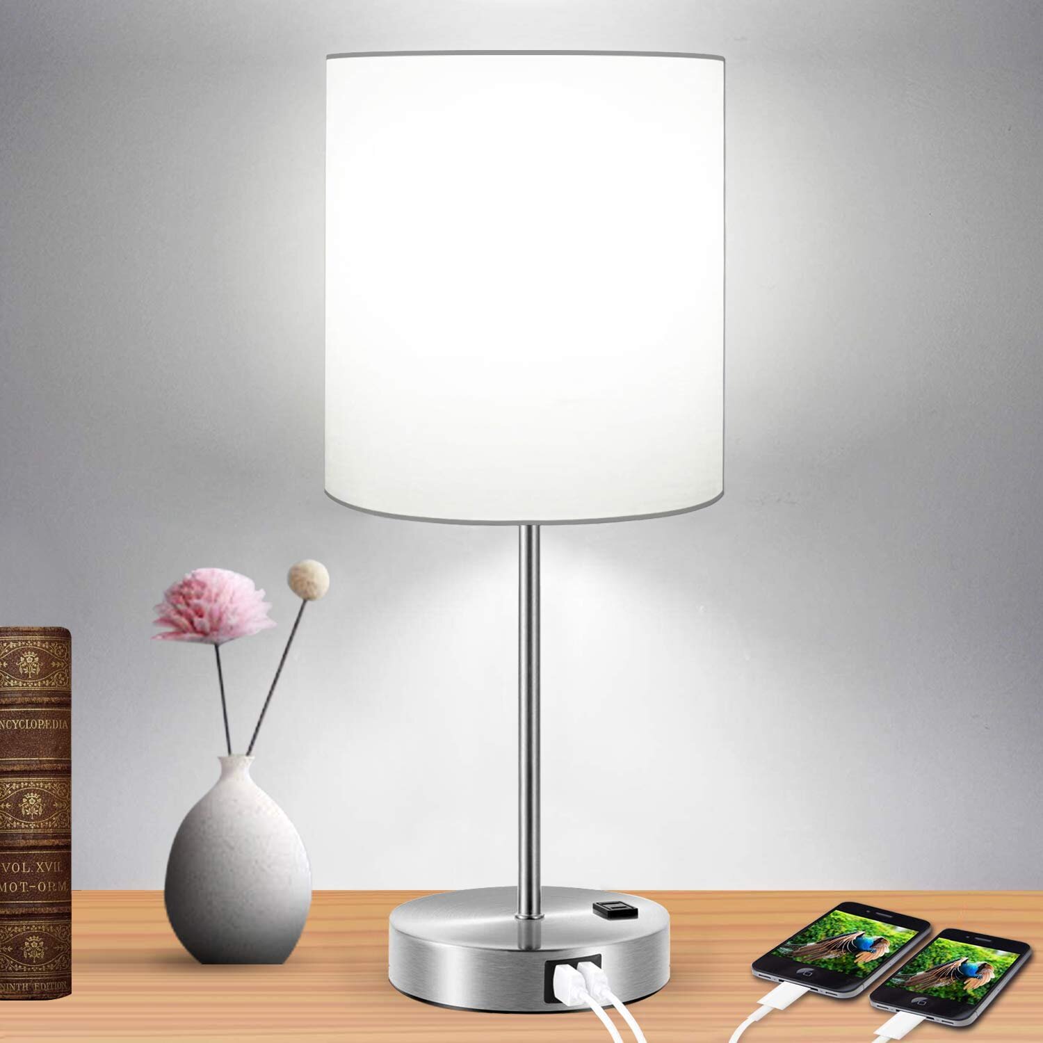 3 Way Dimmable Vintage Nightstand Lamp for Living Room Bedroom Office 6W LED Bulb Included Industrial Touch Control Table Lamp with 2 USB Charging Ports and 2 Power Outlets 