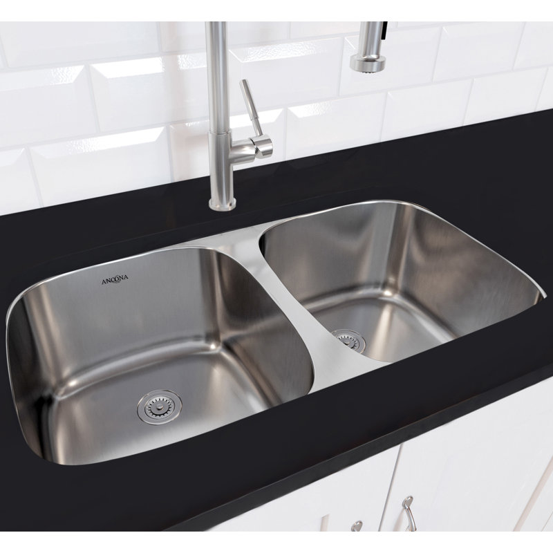 Ancona Capri Series Stainless Steel 32 3 L X 23 W Double Bowl Undermount Kitchen Sink With Grid And Strainers Wayfair Ancona Capri Series Stainless Steel 32 3 L X 23 W Double Bowl Undermount Kitchen Sink With Grid And Strainers Wayfair