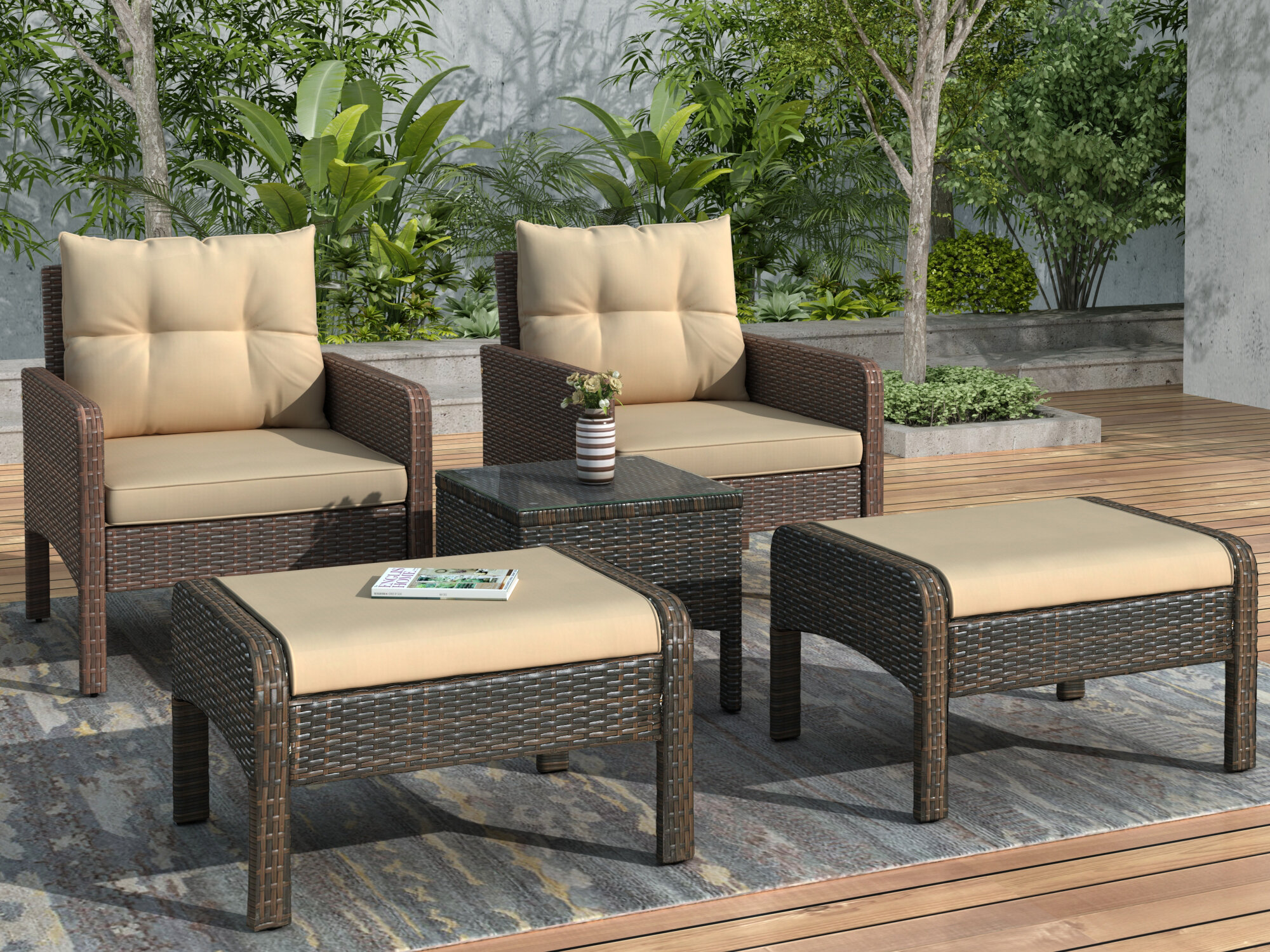 Red Barrel Studio 5 Piece Pe Rattan Wicker Outdoor Patio Furniture Set With Glass Table Wayfair Ca